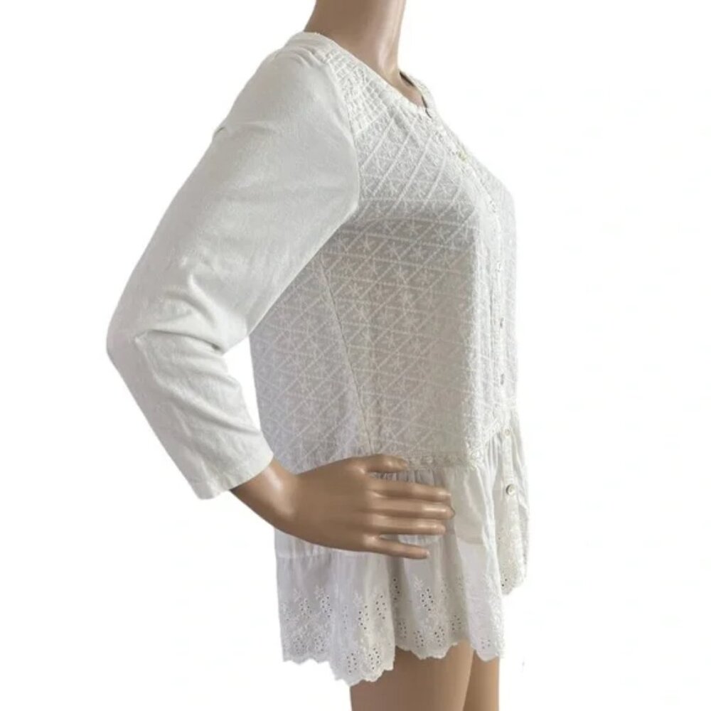 Logo Lavish Top Tunic Button Front Eyelet Ruffle Long Sleeve White Size Medium
